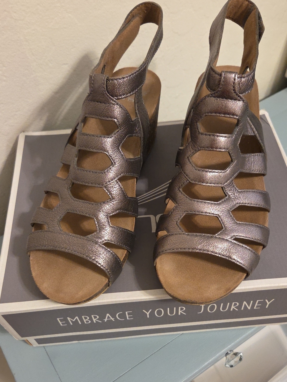 Women's Metallic Pewter Cage Platform Sandals